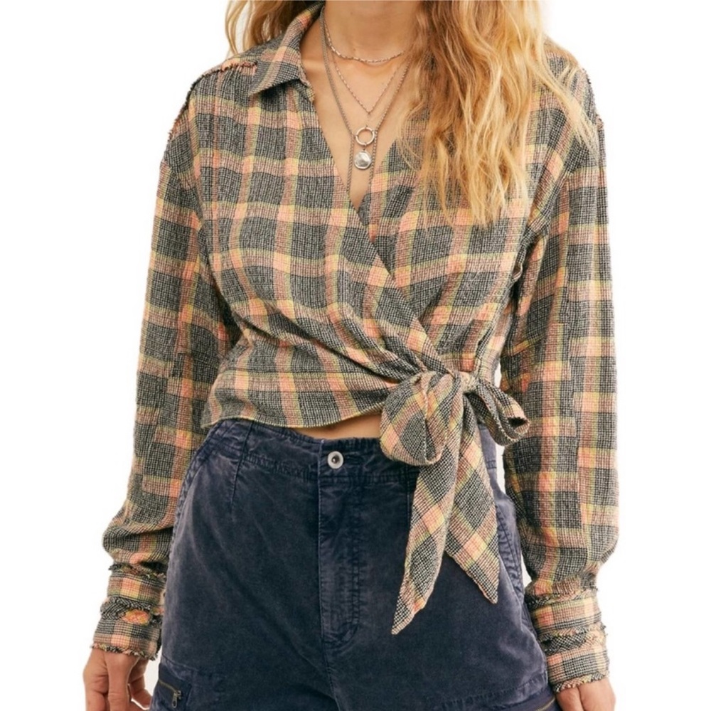 Free People Running Wild Wrap Top Plaid Long Sleeve
